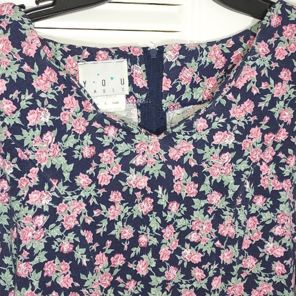 80s-90s Vintage Navy and Pink Floral Midi Dress 5 Fits Sm-med